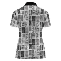 Vintage Aloha Block Quilt Women Polo Shirt Black Inspired Lei Motifs LT9 - Polynesian Pride