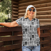 Vintage Aloha Block Quilt Women Polo Shirt Black Inspired Lei Motifs LT9 - Polynesian Pride