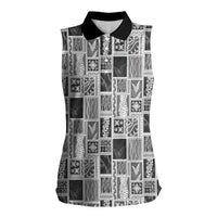 Vintage Aloha Block Quilt Women Sleeveless Polo Shirt Black Inspired Lei Motifs LT9 Female Black - Polynesian Pride