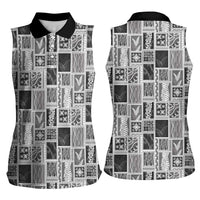 Vintage Aloha Block Quilt Women Sleeveless Polo Shirt Black Inspired Lei Motifs LT9 - Polynesian Pride