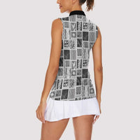 Vintage Aloha Block Quilt Women Sleeveless Polo Shirt Black Inspired Lei Motifs LT9 - Polynesian Pride