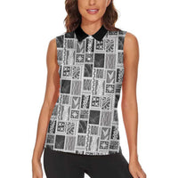 Vintage Aloha Block Quilt Women Sleeveless Polo Shirt Black Inspired Lei Motifs LT9 - Polynesian Pride