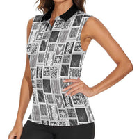 Vintage Aloha Block Quilt Women Sleeveless Polo Shirt Black Inspired Lei Motifs LT9 - Polynesian Pride