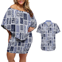 Vintage Aloha Block Quilt Couples Matching Off Shoulder Short Dress and Hawaiian Shirt Blue Inspired Lei Motifs LT9 Blue - Polynesian Pride