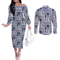 Vintage Aloha Block Quilt Couples Matching Off The Shoulder Long Sleeve Dress and Long Sleeve Button Shirt Blue Inspired Lei Motifs LT9 Blue - Polynesian Pride