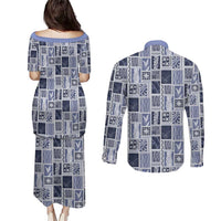 Vintage Aloha Block Quilt Couples Matching Puletasi and Long Sleeve Button Shirt Blue Inspired Lei Motifs LT9 - Polynesian Pride