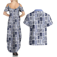 Vintage Aloha Block Quilt Couples Matching Summer Maxi Dress and Hawaiian Shirt Blue Inspired Lei Motifs LT9 - Polynesian Pride