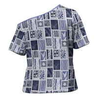 Vintage Aloha Block Quilt Cross Shoulder Shirt Blue Inspired Lei Motifs - Polynesian Pride