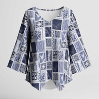 Vintage Aloha Block Quilt Kimono Sleeve Blouse Blue Inspired Lei Motifs - Polynesian Pride