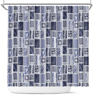 Vintage Aloha Block Quilt Shower Curtain Blue Inspired Lei Motifs - Polynesian Pride