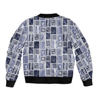 Vintage Aloha Block Quilt Sleeve Zip Bomber Jacket Blue Inspired Lei Motifs - Polynesian Pride
