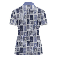 Vintage Aloha Block Quilt Women Polo Shirt Blue Inspired Lei Motifs LT9 - Polynesian Pride