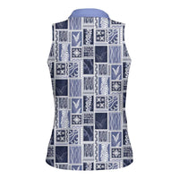 Vintage Aloha Block Quilt Women Sleeveless Polo Shirt Blue Inspired Lei Motifs LT9 - Polynesian Pride