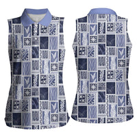 Vintage Aloha Block Quilt Women Sleeveless Polo Shirt Blue Inspired Lei Motifs LT9 - Polynesian Pride