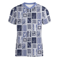 Vintage Aloha Block Quilt Women V-Neck T-Shirt Blue Inspired Lei Motifs LT9 Female Blue - Polynesian Pride