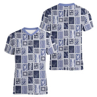 Vintage Aloha Block Quilt Women V-Neck T-Shirt Blue Inspired Lei Motifs LT9 - Polynesian Pride