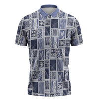 Vintage Aloha Block Quilt Zipper Polo Shirt Blue Inspired Lei Motifs - Polynesian Pride