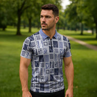 Vintage Aloha Block Quilt Zipper Polo Shirt Blue Inspired Lei Motifs - Polynesian Pride