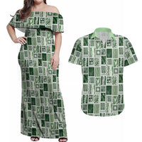 Vintage Aloha Block Quilt Couples Matching Off Shoulder Maxi Dress and Hawaiian Shirt Green Inspired Lei Motifs LT9 Green - Polynesian Pride