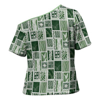 Vintage Aloha Block Quilt Cross Shoulder Shirt Green Inspired Lei Motifs - Polynesian Pride