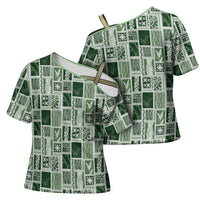 Vintage Aloha Block Quilt Cross Shoulder Shirt Green Inspired Lei Motifs - Polynesian Pride