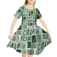 Vintage Aloha Block Quilt Kid Short Sleeve Dress Green Inspired Lei Motifs LT9 - Polynesian Pride