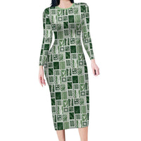 Vintage Aloha Block Quilt Long Sleeve Bodycon Dress Green Inspired Lei Motifs LT9 Long Dress Green - Polynesian Pride