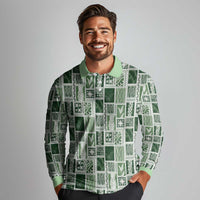 Vintage Aloha Block Quilt Long Sleeve Polo Shirt Green Inspired Lei Motifs LT9 - Polynesian Pride