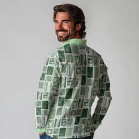Vintage Aloha Block Quilt Long Sleeve Polo Shirt Green Inspired Lei Motifs LT9 - Polynesian Pride