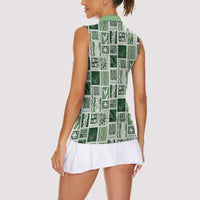 Vintage Aloha Block Quilt Women Sleeveless Polo Shirt Green Inspired Lei Motifs LT9 - Polynesian Pride