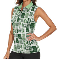 Vintage Aloha Block Quilt Women Sleeveless Polo Shirt Green Inspired Lei Motifs LT9 - Polynesian Pride