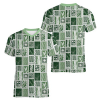 Vintage Aloha Block Quilt Women V-Neck T-Shirt Green Inspired Lei Motifs LT9 - Polynesian Pride