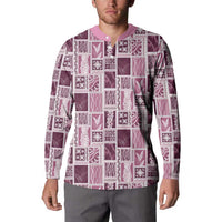 Vintage Aloha Block Quilt Button Sweatshirt Pink Inspired Lei Motifs - Polynesian Pride