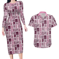 Vintage Aloha Block Quilt Couples Matching Long Sleeve Bodycon Dress and Hawaiian Shirt Pink Inspired Lei Motifs LT9 Pink - Polynesian Pride