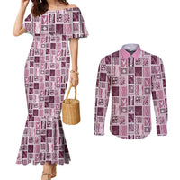Vintage Aloha Block Quilt Couples Matching Mermaid Dress and Long Sleeve Button Shirt Pink Inspired Lei Motifs LT9 Pink - Polynesian Pride