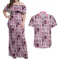 Vintage Aloha Block Quilt Couples Matching Off Shoulder Maxi Dress and Hawaiian Shirt Pink Inspired Lei Motifs LT9 Pink - Polynesian Pride