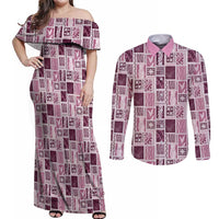 Vintage Aloha Block Quilt Couples Matching Off Shoulder Maxi Dress and Long Sleeve Button Shirt Pink Inspired Lei Motifs LT9 Pink - Polynesian Pride
