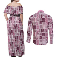 Vintage Aloha Block Quilt Couples Matching Off Shoulder Maxi Dress and Long Sleeve Button Shirt Pink Inspired Lei Motifs LT9 - Polynesian Pride