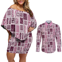 Vintage Aloha Block Quilt Couples Matching Off Shoulder Short Dress and Long Sleeve Button Shirt Pink Inspired Lei Motifs LT9 Pink - Polynesian Pride