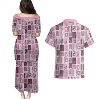 Vintage Aloha Block Quilt Couples Matching Puletasi and Hawaiian Shirt Pink Inspired Lei Motifs LT9 - Polynesian Pride