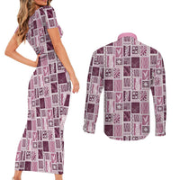 Vintage Aloha Block Quilt Couples Matching Short Sleeve Bodycon Dress and Long Sleeve Button Shirt Pink Inspired Lei Motifs LT9 - Polynesian Pride