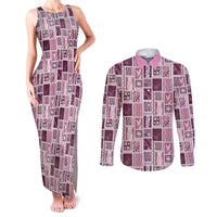 Vintage Aloha Block Quilt Couples Matching Tank Maxi Dress and Long Sleeve Button Shirt Pink Inspired Lei Motifs LT9 Pink - Polynesian Pride