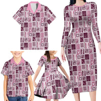 Vintage Aloha Block Quilt Family Matching Long Sleeve Bodycon Dress and Hawaiian Shirt Pink Inspired Lei Motifs LT9 - Polynesian Pride