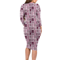 Vintage Aloha Block Quilt Long Sleeve Bodycon Dress Pink Inspired Lei Motifs LT9 - Polynesian Pride