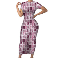 Vintage Aloha Block Quilt Short Sleeve Bodycon Dress Pink Inspired Lei Motifs LT9 Long Dress Pink - Polynesian Pride