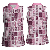 Vintage Aloha Block Quilt Women Sleeveless Polo Shirt Pink Inspired Lei Motifs LT9 - Polynesian Pride