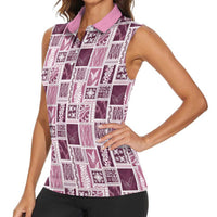 Vintage Aloha Block Quilt Women Sleeveless Polo Shirt Pink Inspired Lei Motifs LT9 - Polynesian Pride