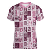 Vintage Aloha Block Quilt Women V-Neck T-Shirt Pink Inspired Lei Motifs LT9 Female Pink - Polynesian Pride