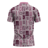 Vintage Aloha Block Quilt Zipper Polo Shirt Pink Inspired Lei Motifs LT9 - Polynesian Pride
