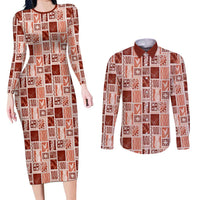 Vintage Aloha Block Quilt Couples Matching Long Sleeve Bodycon Dress and Long Sleeve Button Shirt Red Inspired Lei Motifs LT9 Red - Polynesian Pride